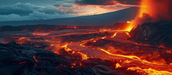 Spectacular view of molten lava streams cascading into the vast ocean expanse in stunning natural phenomenon