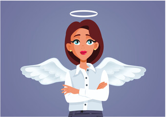 Good Businesswoman with Angel Wings and Halo Vector Cartoon Character. Divine employee of the month feeling confident and professional
