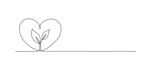 One continuous line growing sprout with heart. Hand drawn doodle line art plant