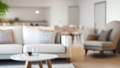 Blurred view of living room interior with white sofa, armchair and coffee table