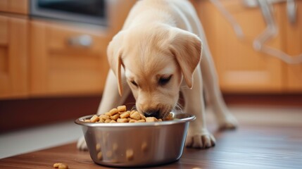 Labrador retriever puppy eating food from a bowl in the kitchen. hungry puppy