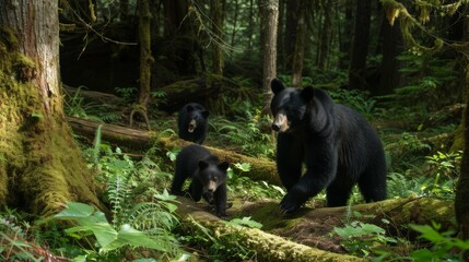 Captivating Bear Cubs with Mother in Lush Forest AI Generated.