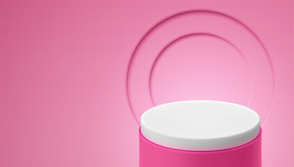 Empty cylindrical shaped platform on pink wall background for object demonstration. Vector realistic illustration with space for advertising text. Used for banner, invitation, postcard. 