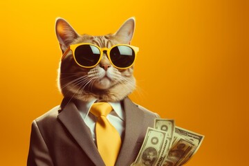 Affluent Feline: A Dapper Cat's Portrait of Wealth and Style Cool rich successful hipster cat with sunglasses and cash money. Yellow background - obrazy, fototapety, plakaty