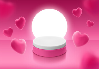 Pedestal cylindrical shape pedestal for product display on pink background with flying 3d heart shaped balloons. Vector realistic illustration for advertising banner, invitation, postcard. 