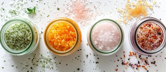 Assorted jars filled with vibrant colored salts for cooking and seasoning in the kitchen