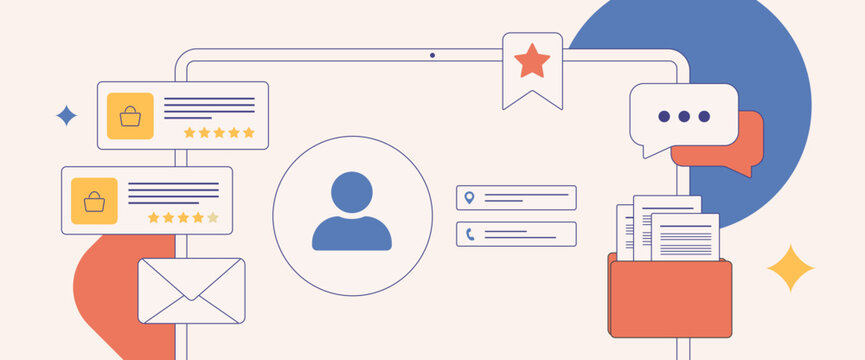 Craft detailed customer profiles for strategic marketing. Explore client relationships, buying patterns, favorites, likes, feedbacks, demographics, customer management. Isolated vector illustration