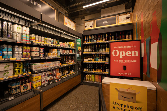 Seattle, WA, USA - Dec 20, 2023: The alcohol section in an Amazon Go store, a cashierless convenience chain store at Amazon's headquarters campus in Seattle, Washington.