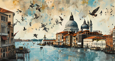 birds flying over the city of venice