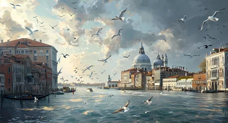 Tuinposter birds flying over the city of venice © ginstudio