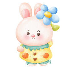 Cute bunny easter watercolor with flower kawaii cartoon