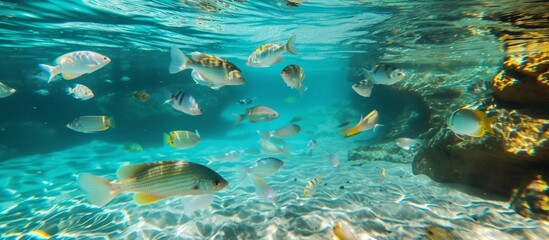 Fototapeta na wymiar A colorful school of fish swimming gracefully in a crystal clear pool of water