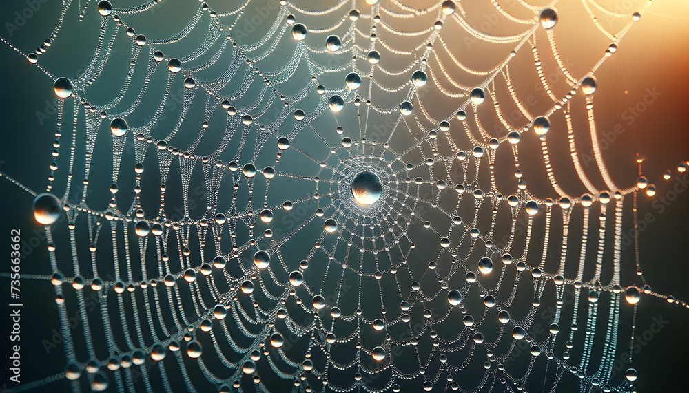 Poster a macro shot of morning dew on a spider web. the scene captures the intricate patterns of the spider