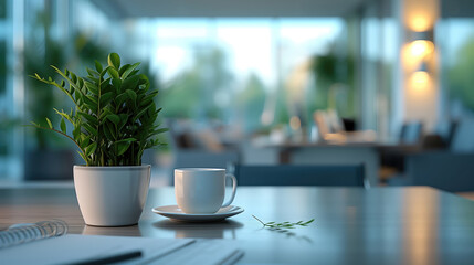Contemporary office background  with coffee cup and plant on table, for corporate branding material, business presentations, websites, interior design.