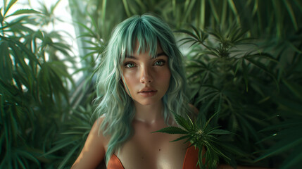 beautiful girl, green eyes and hair, cannabis plant