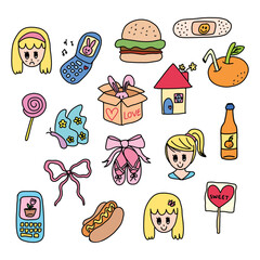 Hand drawn cute elements of flip phone, ballerina shoes, orange juice, burger, hotdog, candy, home, butterfly, ribbon, parcel box with bunny for cartoon character, y2k icon, food, summer, picnic
