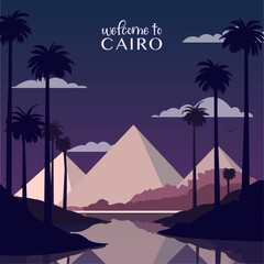 Pyramid complex, Cairo retro city poster with abstract shapes of skyline, buildings at night. Vintage Egypt landmark travel vector illustration - obrazy, fototapety, plakaty