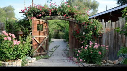 Fototapeta na wymiar Rustic Garden Gate with Climbing Roses AI Generated.