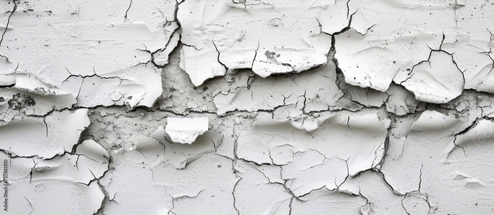 Poster desolate white wall with peeling paint and crumbling surface creating textured background for design