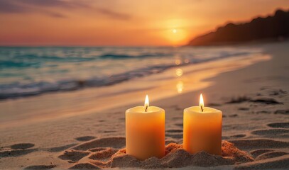 two burning candels on beautiful sand beach during romantic sunset, miracle candles on blurred seascape background, celebrate an event for two in nature, party on the beach concept with copy space