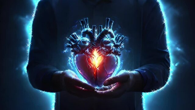 Neon glowing broken heart with splashes of color. Health background