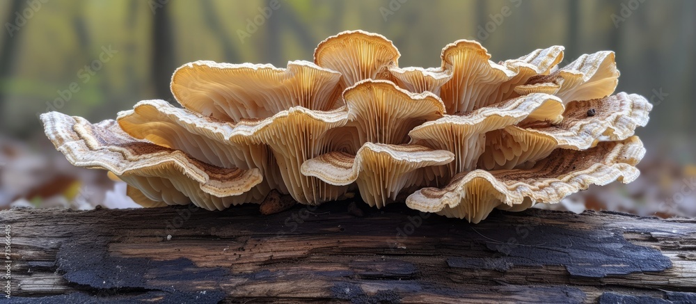 Poster tranquil cluster of wild mushrooms on a weathered log in enchanted forest setting