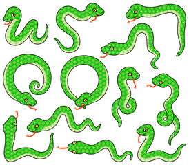 色んなポーズの蛇のイラスト【カラー・セット】