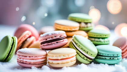 Fancy pastel color macaroons, French snack, pastry recipe, almond flour, colorful macarons trendy...