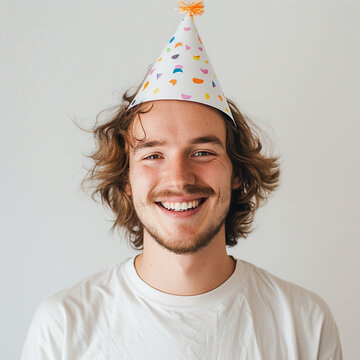 Smiling guy wearing a party hat on a white background