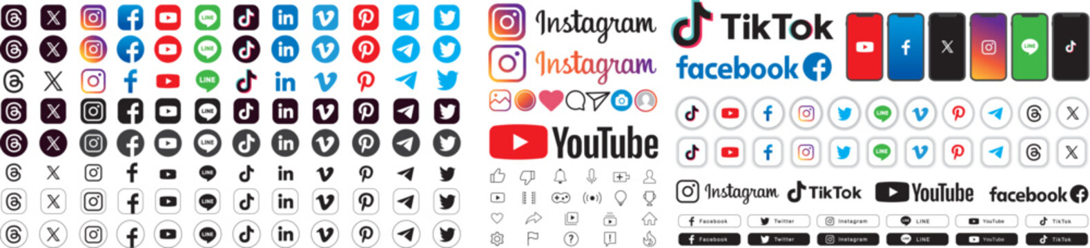 SNS icon logo X, twitter, instagram, youtube, facebook, threads, tiktok social media icon logo collection vector