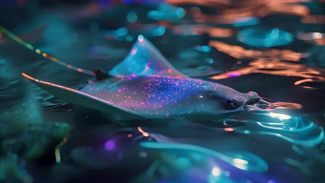 A stingray gracefully gliding through the water its body outlined in shimmering neon lights.