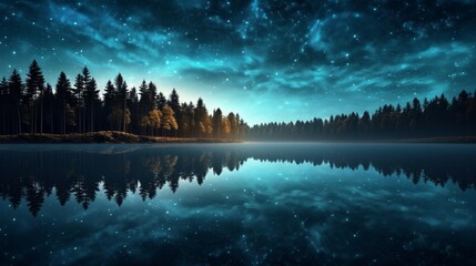 A calm, starlit night sky reflected in a still lake, surrounded by the silhouette of trees - obrazy, fototapety, plakaty