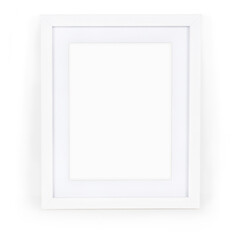 Close up view various size vertical photo frame isolated on plain background.