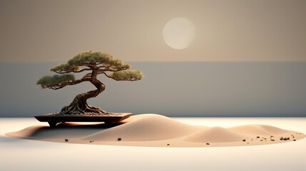 A minimalist zen garden with smooth stones, raked sand patterns, and a single, elegant bonsai tree