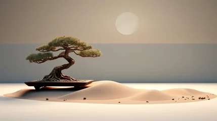Foto auf Acrylglas Steine ​​im Sand A minimalist zen garden with smooth stones, raked sand patterns, and a single, elegant bonsai tree