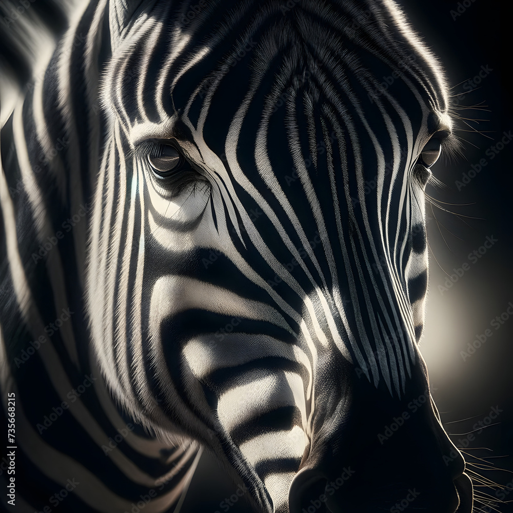Poster the mesmerizing details of a zebra's face with a focus on the intricate patterns of its fur and the 
