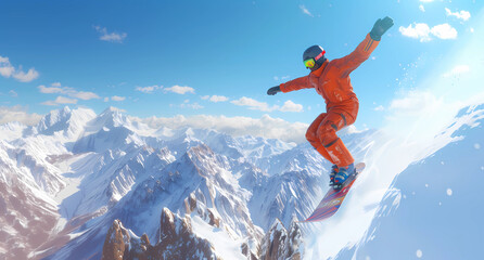 Naklejka na ściany i meble a snow boarder is flying high over a mountain