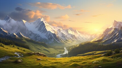 A peaceful, mountainous landscape at dawn, the peaks bathed in the soft light of the rising sun