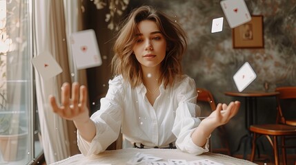 A young woman sits at a table and tells fortunes with cards, the tarot levitates around her, fortune telling, makes a wish, energy power - obrazy, fototapety, plakaty