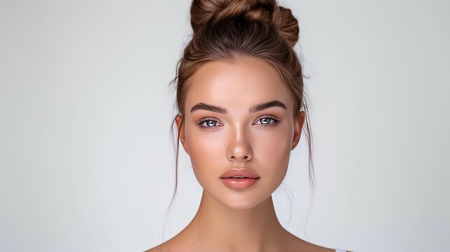 Portfolio of beautiful European woman fashion model with a regular oval face, blue eyes and clean, perfect skin. Face model for advertising skin care products, creams, lotions, face masks