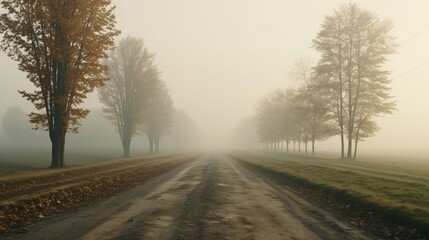 Fototapeta na wymiar A quiet, foggy morning on a country road, the landscape shrouded in mist, creating a sense of mystery and calm