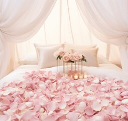 A bed with white sheets and flowers on it. Generative AI.
