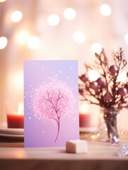 A card with a pink tree on a table. Generative AI.