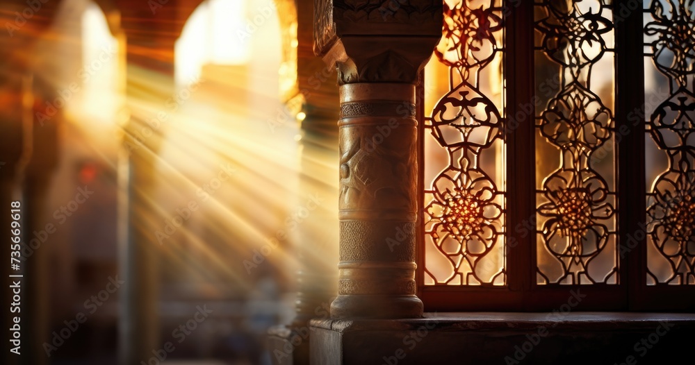 Poster sunlight shining through a window in an ornate building. generative ai.