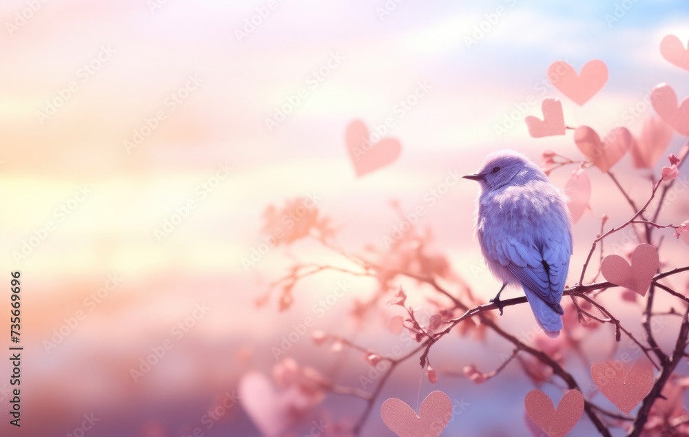 Poster a bird sits on a branch with hearts in the background. generative ai.