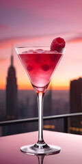 A pink cocktail with a raspberry on top