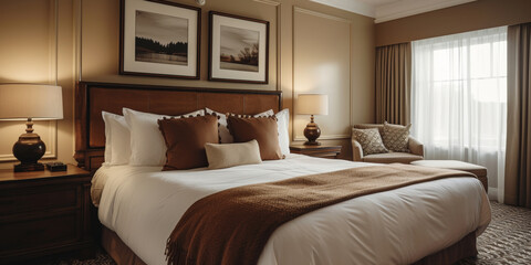 Comfortable and Stylish Hotel Bedroom.
Modern hotel room with a cozy and inviting interior design.