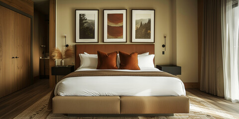 Modern Elegant Bedroom Decor.
Cozy bedroom with earth tones and contemporary art.