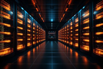 interior of data center server room at night illuminated by orange lights with rows of black cabinets protecting servers with display of data numbers - obrazy, fototapety, plakaty