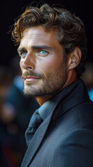 Fototapeta premium Handsome Man with Piercing Blue Eyes at Event. Charismatic man with a contemplative look attending a gala.